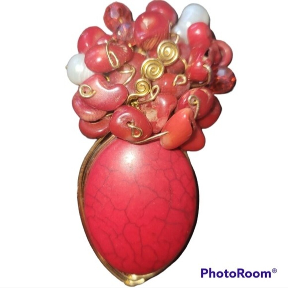 Handmade Hand OOAK Crafted Beaded Red Natural Stone Wire Wrap Gold Tone Pendant